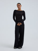 Seamless Basic Cotton Boat Neck | Bomuld L/S T-Shirt Sort