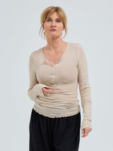 Seamless Basic Cotton Granddad | Bomuld L/S T-Shirt Dark sand