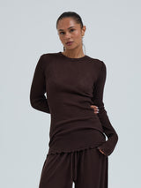 Seamless Basic Woolen Classic Blouse | Merinould L/S T-Shirt Dark Brown
