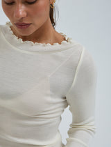 Seamless Basic Wooly Boat Neck | Uld Silke Bluse Off-white