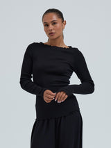 Seamless Basic Wooly Boat Neck | Uld Silke Bluse Sort