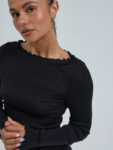 Seamless Basic Wooly Boat Neck | Uld Silke Bluse Sort