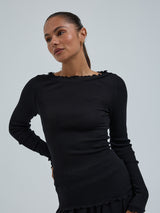 Seamless Basic Wooly Boat Neck | Uld Silke Bluse Sort