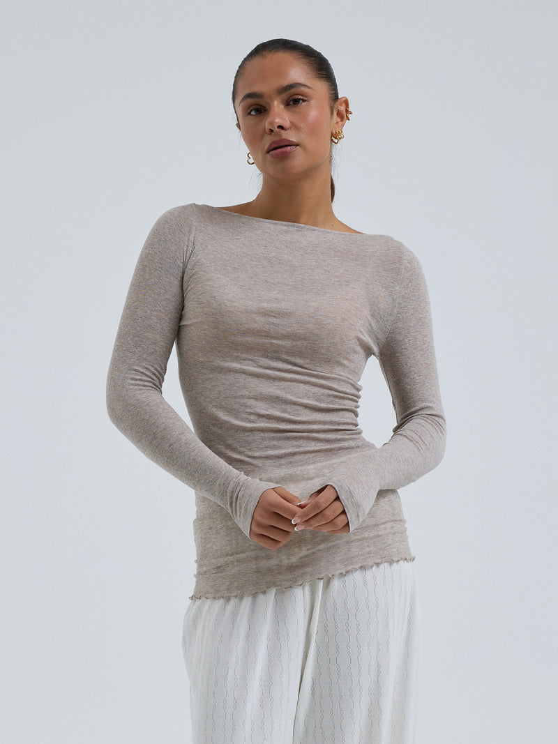 Seamless Basic Cotton Boat Neck | Bomuld L/S T-Shirt Desert Melange