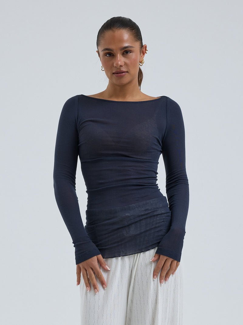 Seamless Basic Cotton Boat Neck | Bomuld L/S T-Shirt Midnight