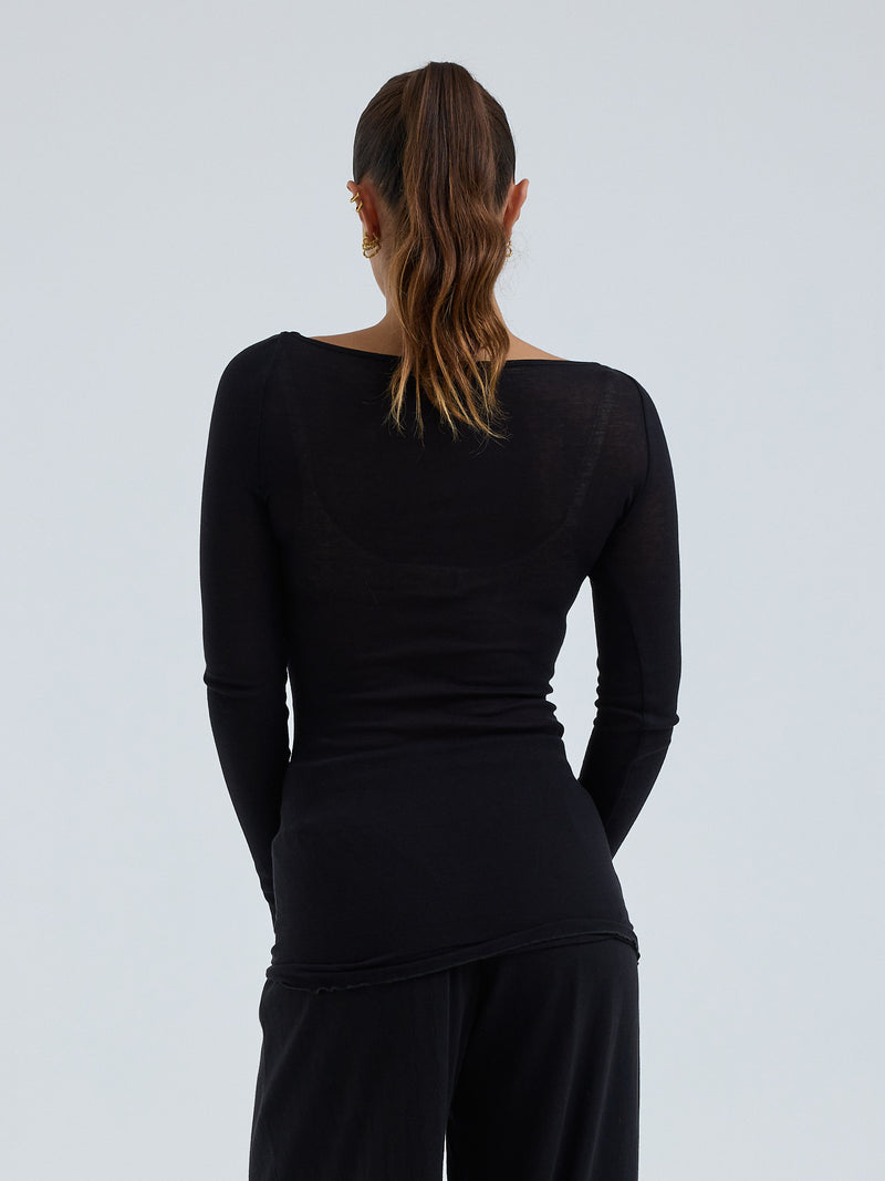 Seamless Basic Cotton Boat Neck | Bomuld L/S T-Shirt Sort