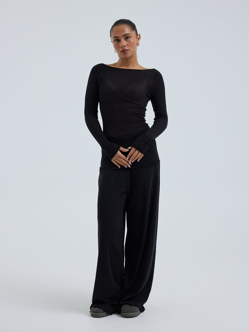 Seamless Basic Cotton Boat Neck | Bomuld L/S T-Shirt Sort