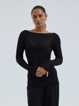 Seamless Basic Cotton Boat Neck | Bomuld L/S T-Shirt Sort