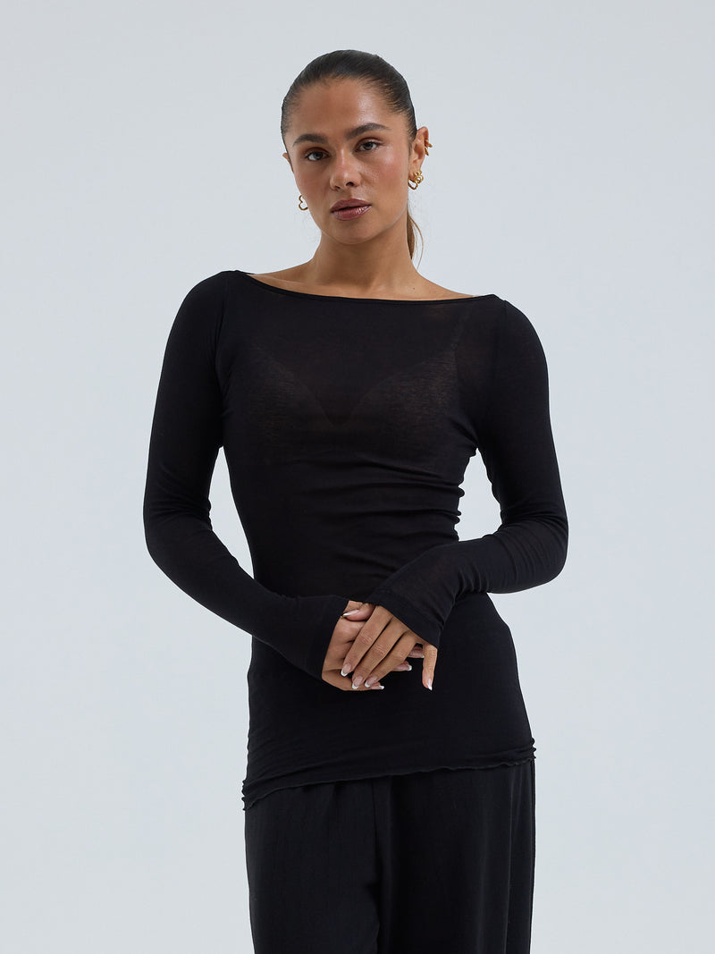 Seamless Basic Cotton Boat Neck | Bomuld L/S T-Shirt Sort