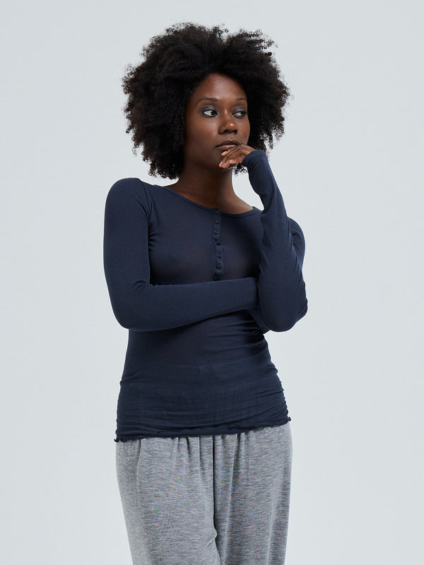 Seamless Basic Cotton Granddad | Bomuld L/S T-Shirt Midnight
