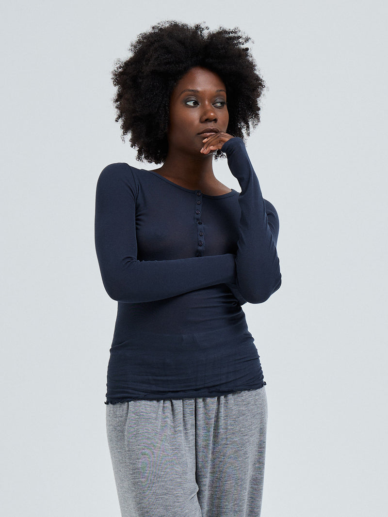 Seamless Basic Cotton Granddad | Bomuld L/S T-Shirt Midnight