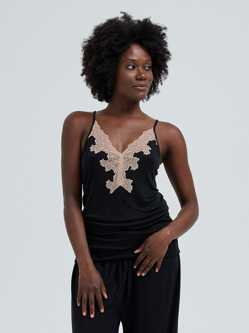 Seamless Basic Lace Silk Cami | Mulberry silke Cami top Black w. Rosie Beige