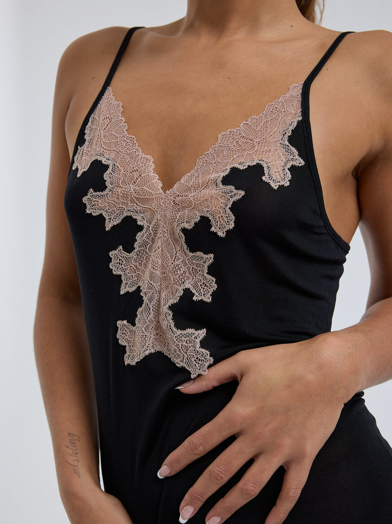 Seamless Basic Lace Silk Slip | Mulberry silke Underkjole Black w. Rosie Beige