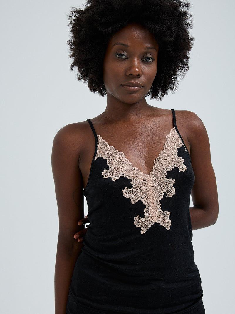 Seamless Basic Lace Silk Slip | Mulberry silke Underkjole Black w. Rosie Beige