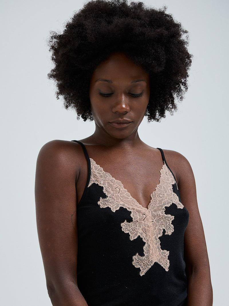 Seamless Basic Lace Silk Slip | Mulberry silke Underkjole Black w. Rosie Beige