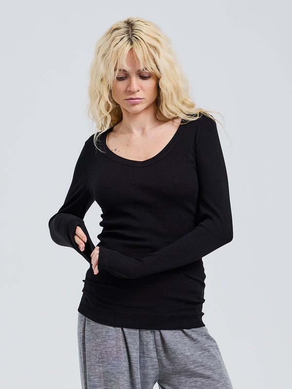 Seamless Basic Retro V-neck | Økologisk bomuld L/S T-Shirt Sort