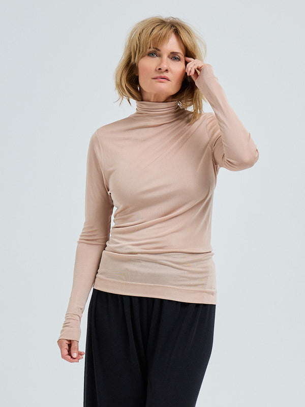 Seamless Basic Sheer Roll Neck | Silke Rullekravebluse Rosa Beige