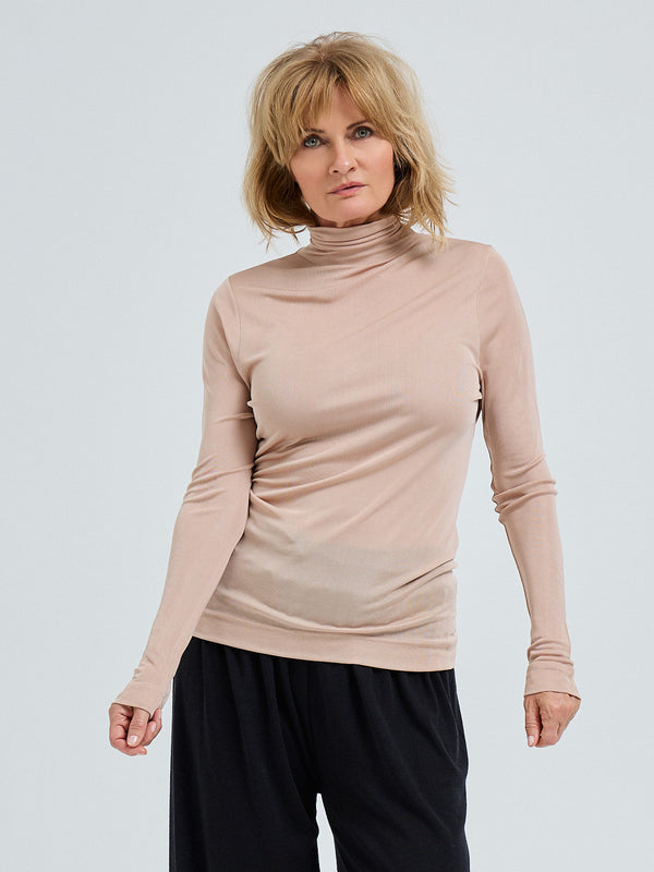 Seamless Basic Sheer Roll Neck | Silke Rullekravebluse Rosa Beige