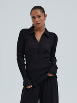 Seamless Basic Woolen Classic Polo | Merinould L/S T-Shirt Sort