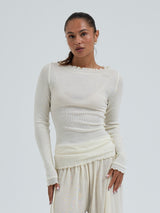 Seamless Basic Wooly Boat Neck | Uld Silke Bluse Off-white