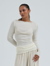 Seamless Basic Wooly Boat Neck | Uld Silke Bluse Off-white